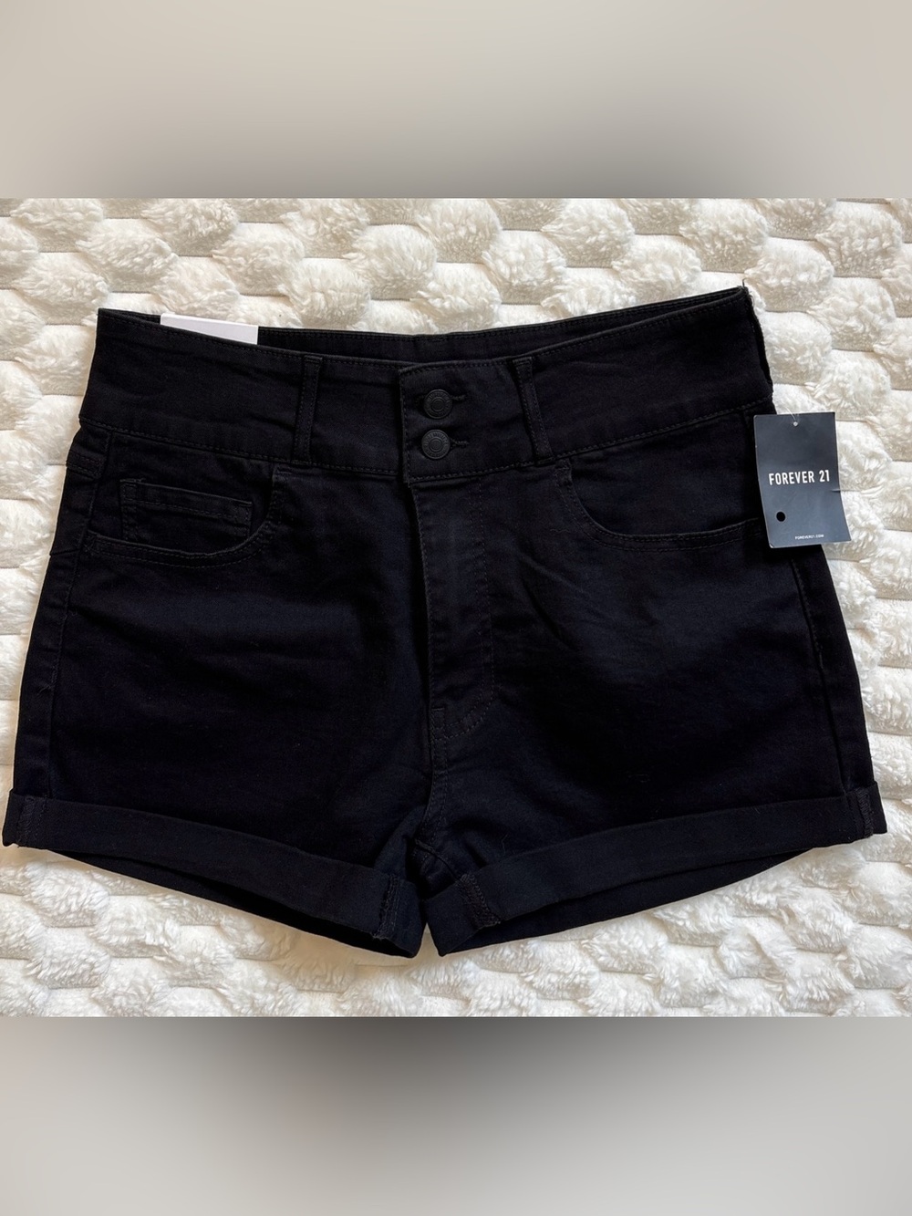 NEW Forever 21 Black Denim Shorts Cuffed Hem Size 30 High Waisted 2” Inseam